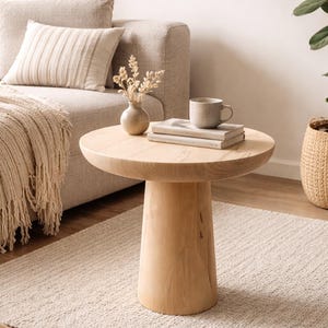 Könnte beinhalten: Ein hellfarbener Beistelltisch aus Holz mit runder Tischplatte und zylindrischem Fuß. Auf dem Tisch liegen ein Stapel Bücher, eine Keramiktasse und eine kleine Vase mit Trockenblumen. Der Tisch steht auf einem Teppich in neutralen Farbtönen.