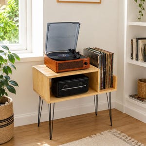 Solid Pine Record Player Stand, Vinyl Storage Cabinet, Turntable Stand, Mid Century Record Console,Handmade Wooden Media Stand