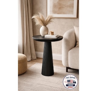 Handmade Black Wooden Side Table – Solid Basswood (Linden) Pedestal – Modern Minimal Accent Table – Living Room & Bedroom Decor