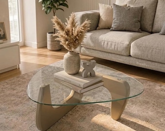 Mesa de centro de cristal y madera maciza de pino hecha a mano, con base escultural de estilo moderno de mediados de siglo (varias opciones de color).