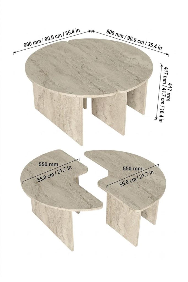 May include: A set of two beige stone-textured tables with a curved design. When joined, they form a circle measuring 35.4 inches in diameter and 16.4 inches in height. Separated, each piece measures 21.7 inches across. The tables feature panel legs.