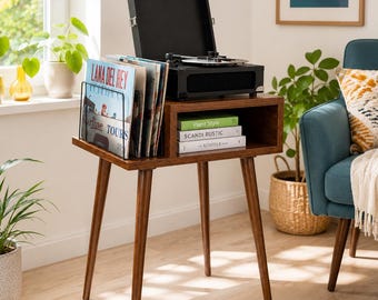 Soporte para tocadiscos de mediados de siglo con almacenamiento para vinilos / Mueble para discos con acabado en nogal / Soporte para tocadiscos / Mesa para guardar discos de vinilo / 17,7 x 13,8 x 24,8"