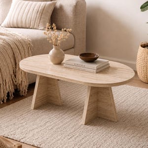 Oval Travertine-Look Wood Coffee Table | Japandi Organic Living Room Furniture