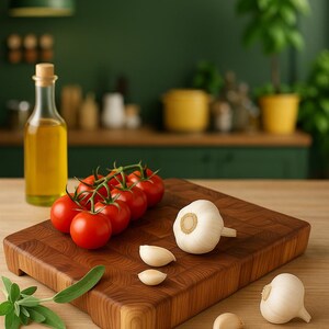 May include: A wooden cutting board with a sprig of tomatoes, garlic cloves, and a whole garlic bulb. A bottle of olive oil and a sprig of herbs are also present. The background features a green wall and yellow pots.
