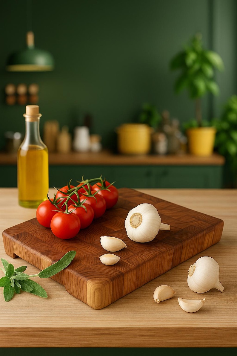 May include: A wooden cutting board with a sprig of tomatoes, garlic cloves, and a whole garlic bulb. A bottle of olive oil and a sprig of herbs are also present. The background features a green wall and yellow pots.