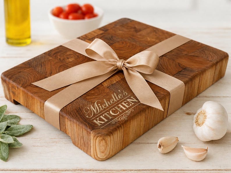 May include: A wooden cutting board with a butcher block design, wrapped with a tan ribbon and bow. The board is engraved with the text "Michelle's KITCHEN". Garlic cloves, a whole garlic bulb, and a bowl of cherry tomatoes are nearby.