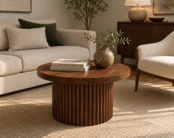 Handmade Walnut Coffee Table, Round Fluted Side, Modern Pedestal Accent Table, Solid Wood Look Center, Scandinavian Decor