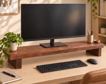 Soporte para monitor, soporte de TV de madera maciza, elevador para monitor de computadora, organizador de escritorio, configuración de escritorio rústica, varios tamaños y colores.