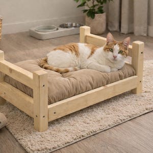 Cama para gatos, mueble con colchón (madera maciza, hecho a mano, sin químicos) - Regalos para gatos