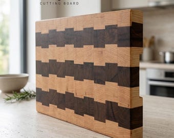 Walnut & Spruce End Grain Cutting Board | Handmade Butcher Block | Thick Wooden Chopping Board | Premium Kitchen Gift | 41x26x4 cm