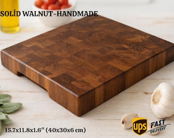 Tabla de cortar de nogal de grano final hecha a mano / Bloque de carnicero grueso / Tabla de cortar de madera maciza / Regalo de cocina premium para chef