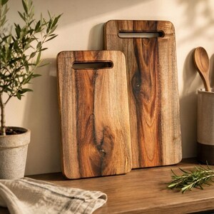Puede incluir: Dos tablas de cortar rectangulares de madera con vetas naturales visibles y vetas de color marr&oacute;n oscuro. Cada tabla presenta un acabado liso y un asa recortada horizontal cerca del borde superior. Las tablas est&aacute;n colocadas en posici&oacute;n vertical.