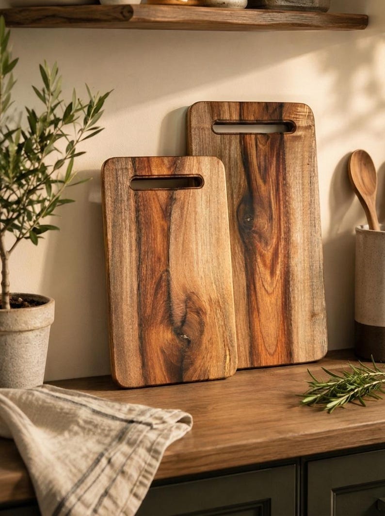 Puede incluir: Dos tablas de cortar rectangulares de madera con vetas naturales visibles y vetas de color marr&oacute;n oscuro. Cada tabla presenta un acabado liso y un asa recortada horizontal cerca del borde superior. Las tablas est&aacute;n colocadas en posici&oacute;n vertical.