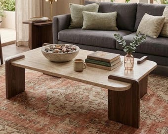 Table basse en bois aspect travertin | Table basse rectangulaire style Japandi moderne | Table de salon contemporaine 120 cm x 60 cm