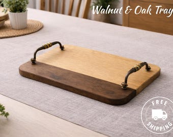 Handmade Walnut & Oak Serving Tray | Rustic Brass Handle Charcuterie Board