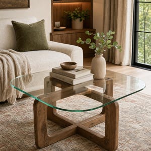 Peut inclure: Une table basse avec un plateau carré en verre aux coins arrondis et une base en bois robuste en forme de croix. La table est placée dans un espace de vie, supportant deux livres empilés, un petit bol en bois et un vase côtelé.