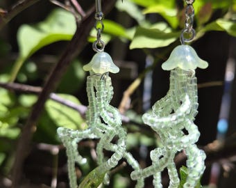 Beaded glow in the dark green jellyfish dangle earrings UV reactive handmade gift for girlfriend gift for raver