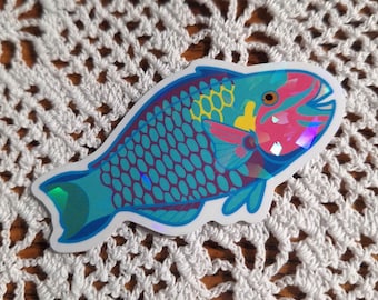 Gorgeous Holographic Bullethead Parrotfish Sticker 3''