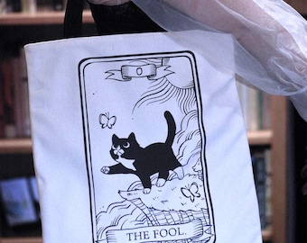 Tuxedo Kitty Cat Tarot The Fool Canvas Tote Bag – Reversible Shoulder Shopping Bag gift for girls gift for girlfriend gifts for cat lovers