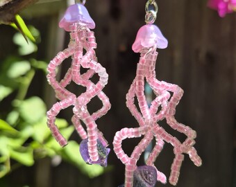 Beaded glow in the dark pink jellyfish dangle earrings UV reactive handmade gift for girlfriend gift for raver