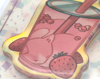 Strawberry Boba Kitty Cat Keychain