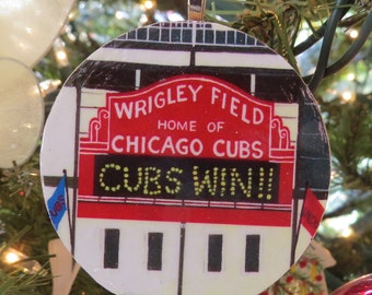 CUBS WIN!! Chicago Cubs Ornament, Decoupaged Ornament, Wrigley Field Original Painting, World Series Winner!