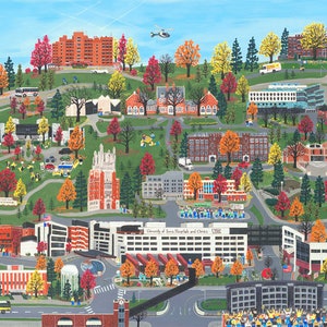 May include: A colorful painting depicts a university campus in autumn. Buildings, trees with red, orange, and yellow leaves, and vehicles are scattered across the landscape. The text "University of Iowa Hospitals and Clinics" is visible.