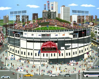 Cubs Art, Cubs Painting, Wrigley Field, Lithograph Art Print, Cubs Win! 3 sizes, Unframed or Framed