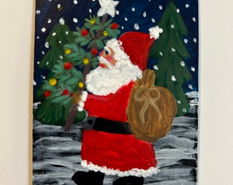 Hiking Santa mini-painting or ornament