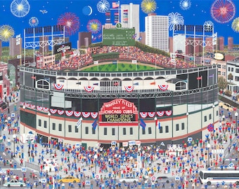 CELEBRATION AT WRIGLEY! Cubs Wrigley Field Chicago Painting Illinois Lithograph Print, Chicago Cubbies, Unframed or Framed