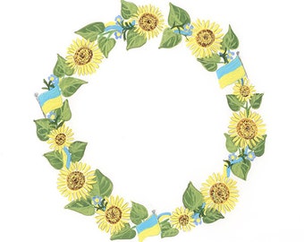 Ukraine Wreath Sunflowers, Flags and Forget-me-knots ART PRINT Fund Raiser for Refugees