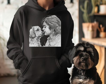 Damen–Hoodie /Mensch und Hund / Zeichnung / Hundeliebe / Dogmom / Geschenk für Hundebesitzer