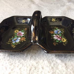 Vintage Black floral ceramic/porcelain double sided serving dish with handle Japan Japanese relish candy nut double dish serving dish 1950&#39;s