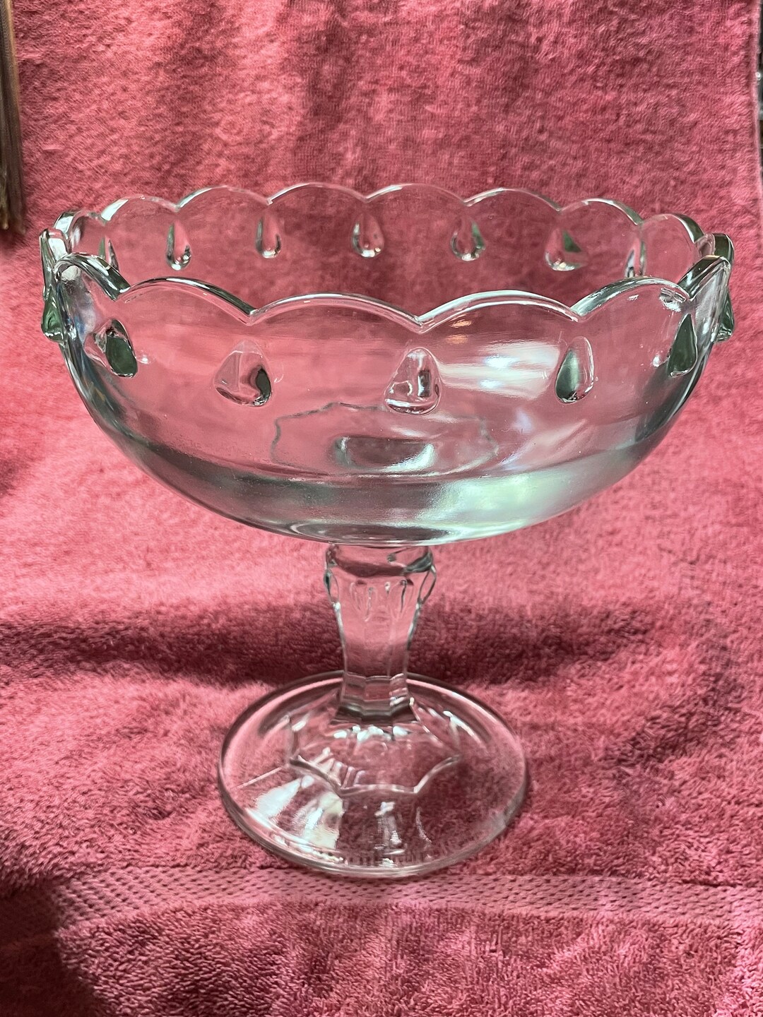 Vintage Pedestal Bowl Clear Heavy Glass Teardrop Design, Scalloped