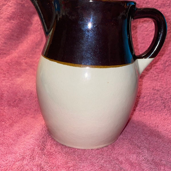 Vintage Roseville RRP Co. USA 6" brown and tan/beige ceramic pitcher small cracks glued