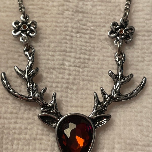 Deer buck antler necklace 16" chain silver, faux ruby red pear-shaped gemstone- TM & O 2019 SPT.