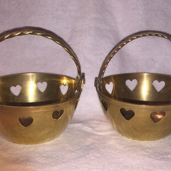 Vintage small brass baskets with heart cut design and rope handle set