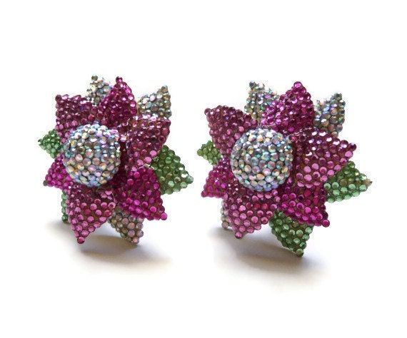 Massive 1980s Rhinestone and Enamel Flower Earring