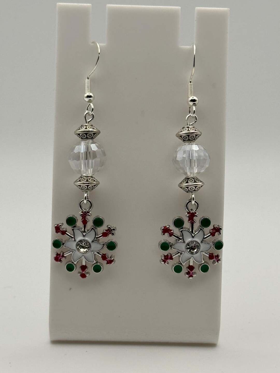 Christmas Snowflake Dangle Earrings, Sterling Silver Earwire, Glass Beads