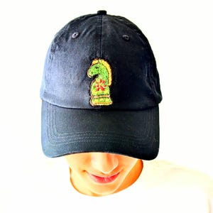 Chess Knight Embroidered Hat – Black Adjustable Soft Cap – Unique Handmade Gift for Chess Lovers – Unisex Style