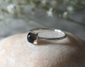 Square Smoky Quartz Stacking Ring Sterling Silver, Quartz Silver Ring, November Birthstone Square Ring, Hygge Ring, Sustainable Silver