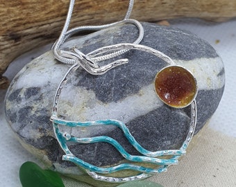 Sterling silver sea scape enamelled necklace