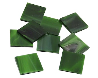Dark Green Wispy Square Hand Cut Glass Mosaic Tile Shapes | Fusible 96 coe