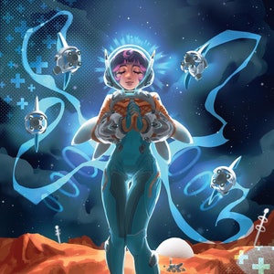 May include: A female astronaut in a blue and orange spacesuit stands on a red planet with a blue and white nebula behind her. She has her hands clasped in front of her and is looking down. There are several small, white, round objects floating around her.