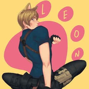 May include: A cartoon illustration of a person with a cat tail and ears wearing a blue shirt and black pants. The person is sitting with their legs crossed and their arms crossed. The background is yellow with a pink paw print that says "LEON" in white letters.