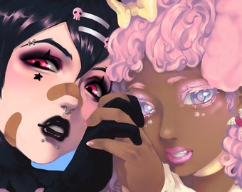 May include: Two women with contrasting styles. One has black hair with skull clips and piercings, dark makeup, and brown patches on her face. The other has pink curly hair, light makeup, and a heart-shaped earring. They are looking at each other.