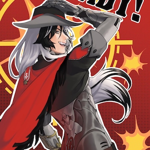 May include: Digital illustration of a character in a hat and armour, with the word "BABY!" in large letters. The character has black and white hair, a red cape, and a confident expression. The background is red with yellow accents.