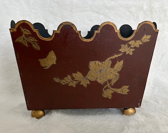 Tole Burgundy And Gold  Planter-With Flowers and Butterfly design and Round Gilt Feet-For Flower Arrangements