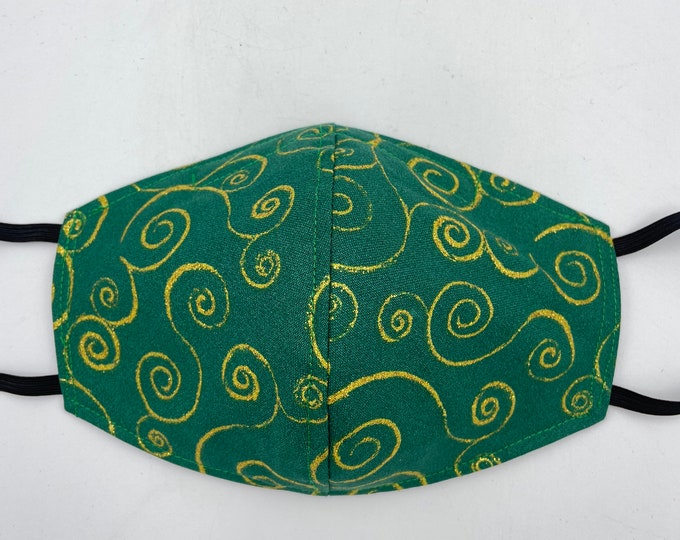 Fabric Mask Green with Gold Swirls Reversible to Black