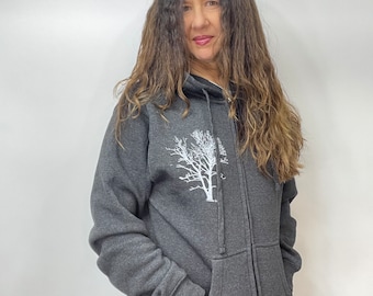 Tree Zip Hoodie Charcoal Gray Unisex